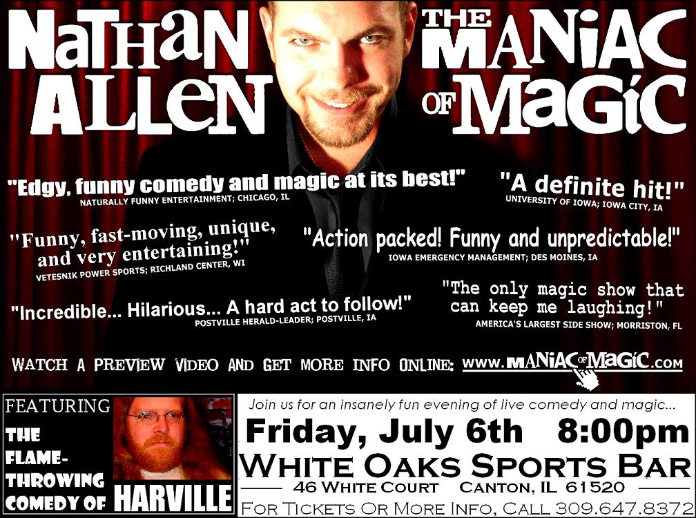 WHITE OAKS SPORTS BAR CANTON ILLINOIS POSTER – Nathan Allen, The Maniac of Magic – Comedian Magician Entertainer Entertainment – Des Moines, Iowa